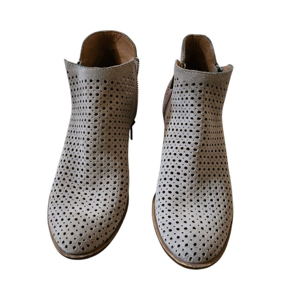 Lucky Brand Ankle Boots Womens 7.5 Bayley Taupe Perforated Suede Leather Booties